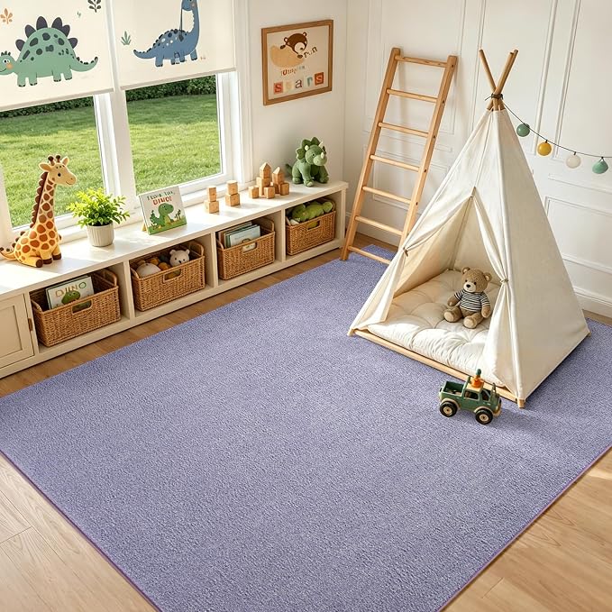 FinRèc 7x10 Washable Area Rugs for Bedroom Living Room, Low Pile Thin Ultra Soft Shag Rug, Non-Slip Carpet Indoor for Home Decor (Purple/White)
