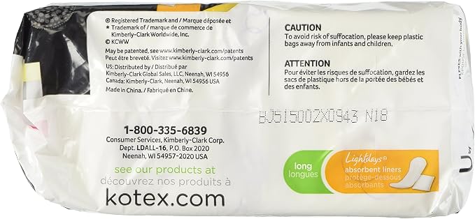 Kotex Natural Balance Absorbent Liners, Long, 16 Count (Pack of 2)