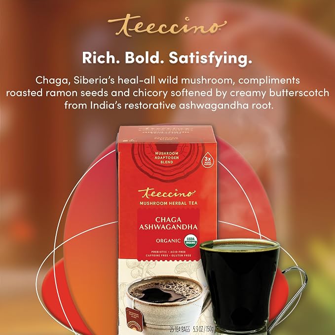 Teeccino Chaga Ashwagandha Tea - Butterscotch Cream - Organic Mushroom Adaptogenic Herbal Tea, 3x More Herbs than Regular Tea Bags, Prebiotic, Caffeine Free, Gluten Free - 25 TeaBags