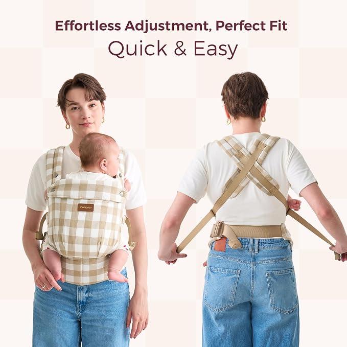 Momcozy Baby Carrier - Ergonomic, Cozy and Lightweight Carrier for 7-45lbs, Effortless to Put On, Ideal for Hands-Free Parenting, Enhanced Lumbar Support, Brown Checkerboard