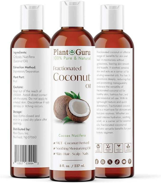 Plant Guru Fractionated Coconut Oil 8 fl. oz 100% Pure MCT Natural Carrier - Skin, Face, Body, Massage and Hair Growth Moisturizer, Great for Diluting Aromatherapy Essential Oils