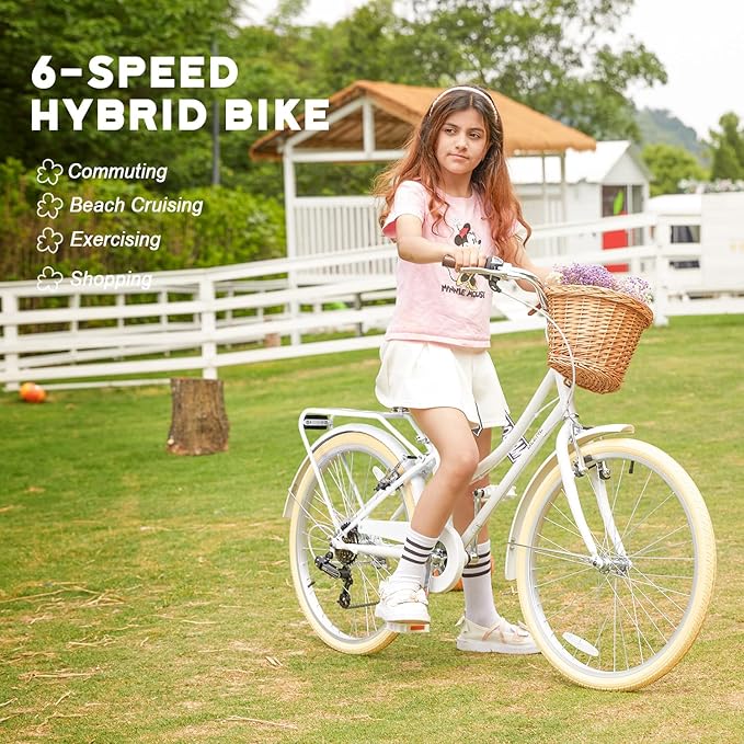 Glerc 20 24 26 Inch Beach Cruiser Bike, 6-Speed Hybrid City Bicycle for Girls Youth and Over 6 Years Old, Missy Bike with Wicker Basket & Lightweight, Multiple Colors
