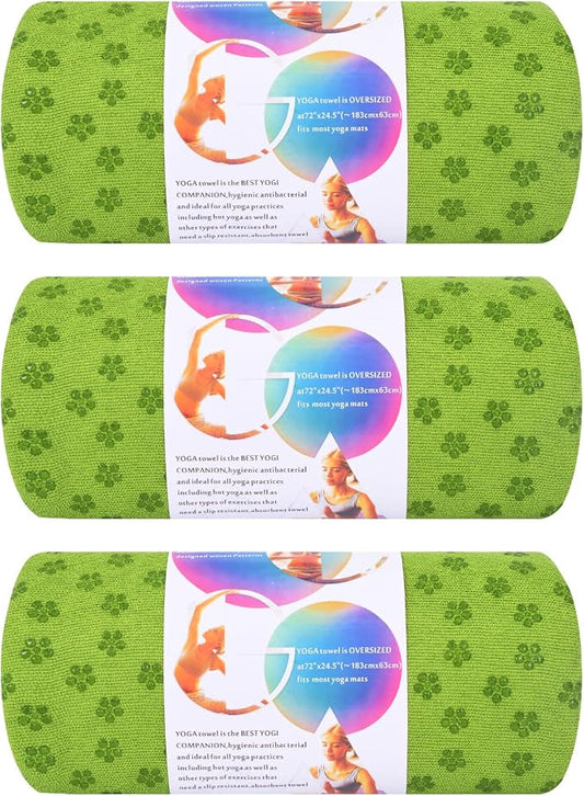 3 Pack Hot Yoga Towels with Plum Blossom Grip Dots, Non Slip Yoga Mat Towel, Super Absorbent Soft Suede Microfiber Mat Cover for Hot Yoga, Pilates, Bikram & Workout, 24" x 72", Grass Green