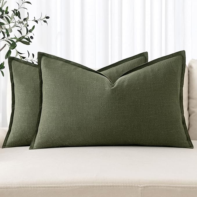 MIULEE Decorative Linen Lumbar Pillow Covers 12x20 Inch Dark Olive Green | Boho Farmhouse Neutral Couch Throw Pillows for Bed, Pack of 2 Accent Modern Pillowcases, Sofa Livingroom Home Decor