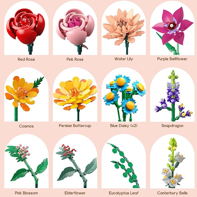 Flowers Bouquet Building Set, 891 PCS Artificial Wildflower Botanical Collection Kit for Women Kids Girls, Home Office Decor Gift for Mother's Day/Valentine's/Christmas