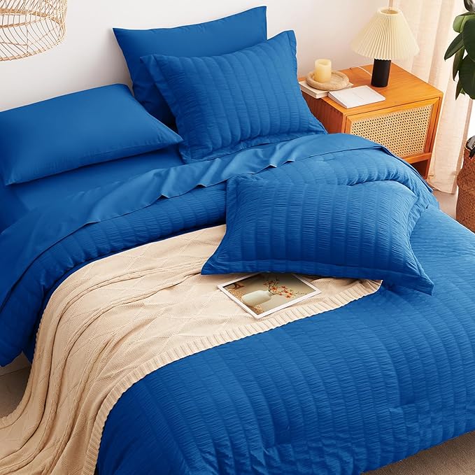 CozyLux King Size Comforter Set Classic Blue Seersucker 7 Pieces Bed in a Bag King Comforter Set with Sheets, Luxury Bedding Set with Down Alternative Comforter, Sheets, Pillowcases & Shams All Season