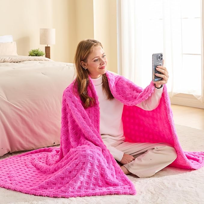 NEWCOSPLAY 3D Waffle Checkered Flannel Throw Blanket, Hot Pink, 50"x70" | Super Soft Cute Lightweight Decorative Premium Silky Fleece Blanket for Couch Sofa Bed, Gift for Women Men, All Season Use
