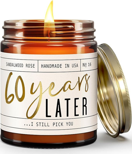 60th Anniversary Gifts - '60 Year Later' Candle, w/Sandalwood Rose - infused w/Essential Oils I 60th Wedding Anniversary Gift Ideas I 60 Year Wedding Anniversary Gifts for Wife I USA Made