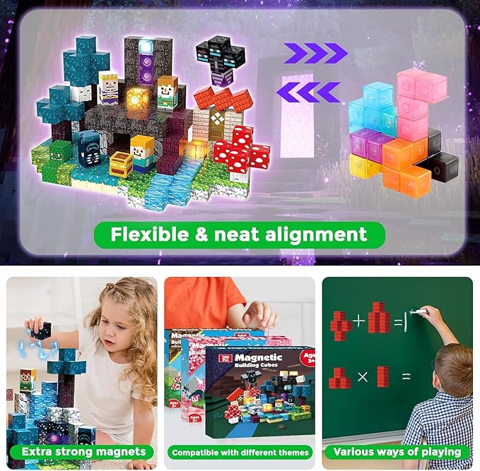 200PCS Magnetic Blocks with Light Up Blocks - Magnetic Building Blocks, Magnetic Cubes STEM Sensory Learning Toys for Kids, Birthday Gifts for Boys and Girls Ages 3+