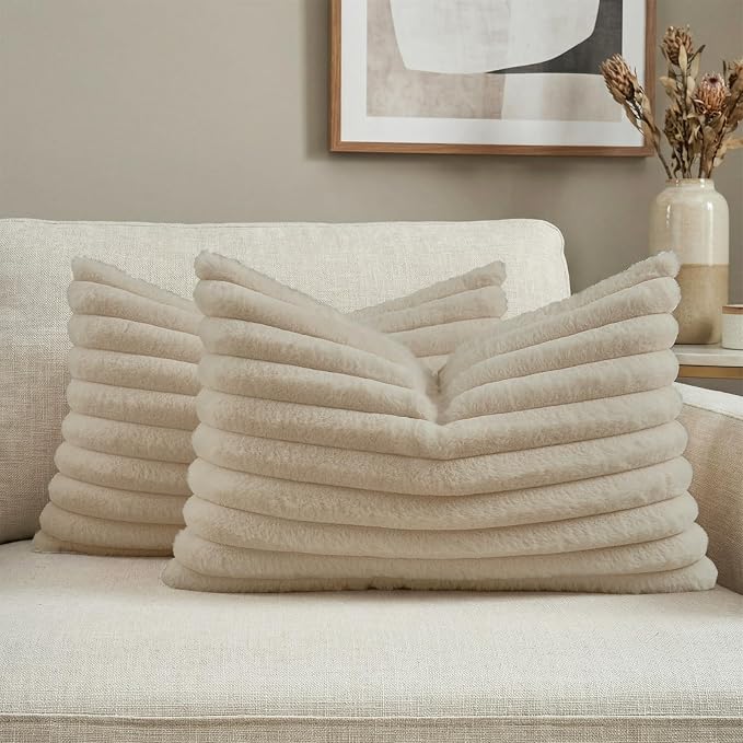 FUTEI Pack of 2 Faux Fur Throw Pillow Covers 12x20 Inch, Beige | Fluffy Faux Rabbit Fur Front/Premium Velvet Back,Hidden Zipper,Machine Washable,Non-Shedding,Colorfast,Insert Not Included.