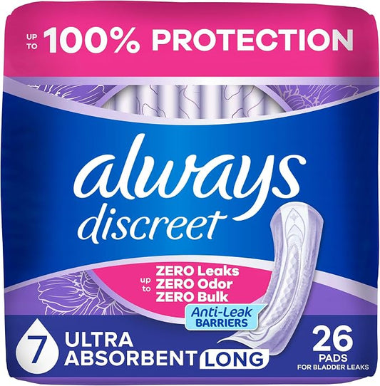 Always Discreet Adult Incontinence Pads for Women, Ultra Absorbency, Long Length, Postpartum Pads, Up to 100% Bladder Leak Protection, 26 Count