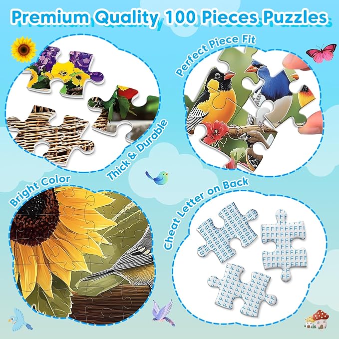 4-Pack 100 Piece Puzzles for Kids Ages 6-8 8-10 Year Old, Birds Puzzles, Large Piece Puzzle for Seniors 100 Pieces Adults Jigsaw Puzzle, Learning Educational Toys for Boys and Girls