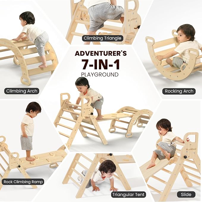 BlueWood Pikler Triangle Set, Toddler Wooden Climbing Toys Indoor 7in1 Climber, Foldable Kids Climbing Toys, Montessori Play Jungle Gym with Arch, Ramp, Ladder (Natural)