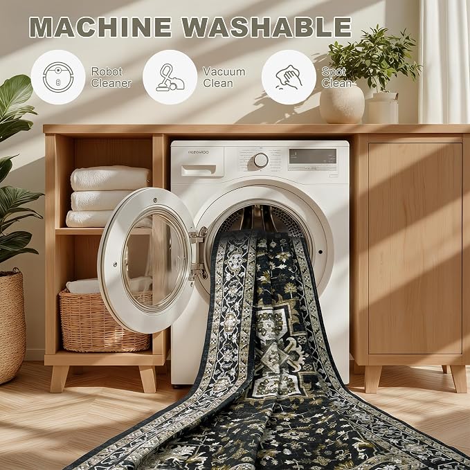 Round Area Rug for Living Room: 6ft Washable Vintage Boho Soft Thin Circle Rug Indoor Floor No Slip Stain Resistant Carpet for Bedroom Dining Room Farmhouse Nursery Home Office -Black Gold