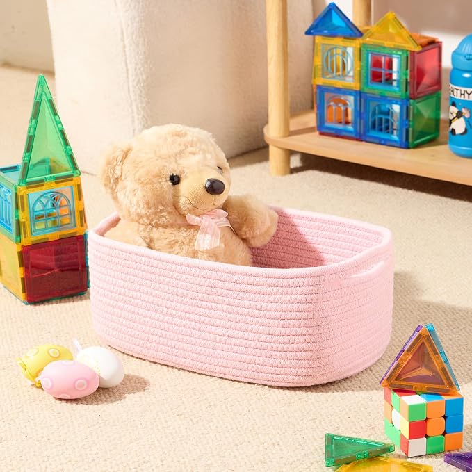 MiniArk Small Storage Baskets for Organizing | Closet Organizer Bins | Shelf Toy Basket | Woven Rope Baskets | Cube Decorative Box | Shallow Basket | 13x8.5x5.1” | 4 Packs Light Pink