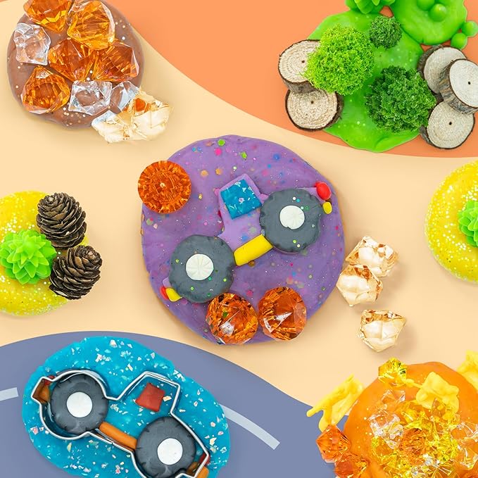 SIMPLIPLAY Construction Sensory Kit with 6 PCS 18oz Glitter Doughs & Accessories(About 80pcs), Color Dough Set, Construction Boy Sensory Kit with Toy Trucks for Kids Toddlers Creative Gift