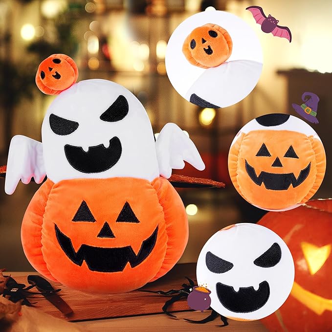 Halloween Pumpkin Plush Ghost Toy, 12 Inch Cute Spooky Jack O' Lantern Ghost Stuffed Animal, Soft Plushies Pillow Halloween Party Decor and Gifts for Kids Boys Girls