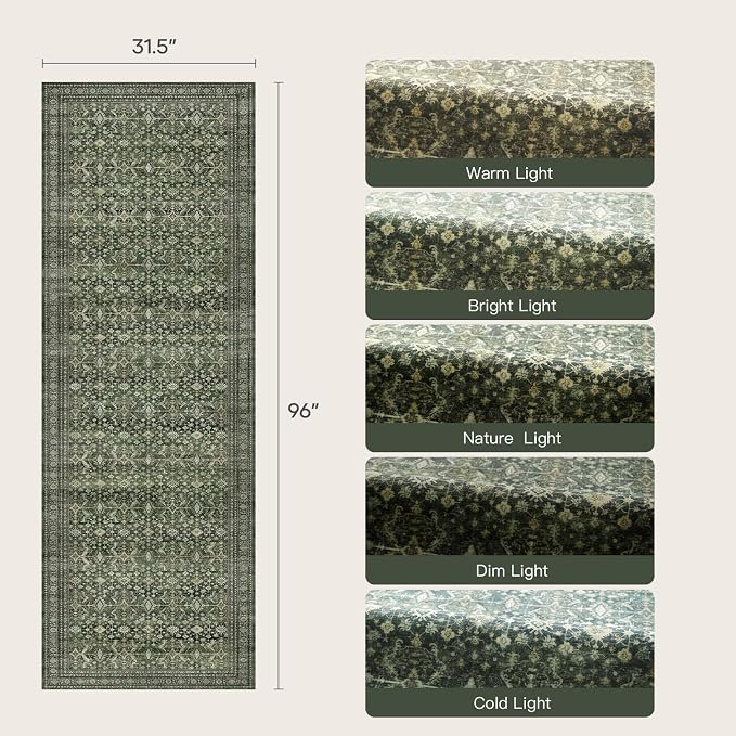 2'6"x8' Area Rugs for Hallways, Green Washable Non-Slip Kitchen Runner Rug | Low Pile Runner Rugs, Soft Carpet for Kitchen Bathroom Bedroom Laundry, Stain Resistant Foldable Vintage Distressed Rug