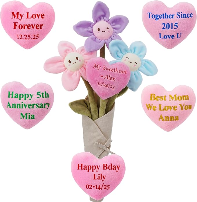 June Garden 17" Plush Flower Bouquet with Customizable Heart – 3 Soft Plush Flowers with Bendable Stems – Personalized Embroidered Gift for Valentine’s Day, Anniversary, Birthday, or Home Décor