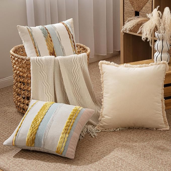 ANRODUO Boho Decorative Pillow Covers 22x22 Blue-Earth Tones Pack of 2 | Throw Pillow Covers, Farmhouse Cushion Case, Chenille Pillow Cases, Pillow Covers, Neutral Pillowcase for Sofa Couch Bed