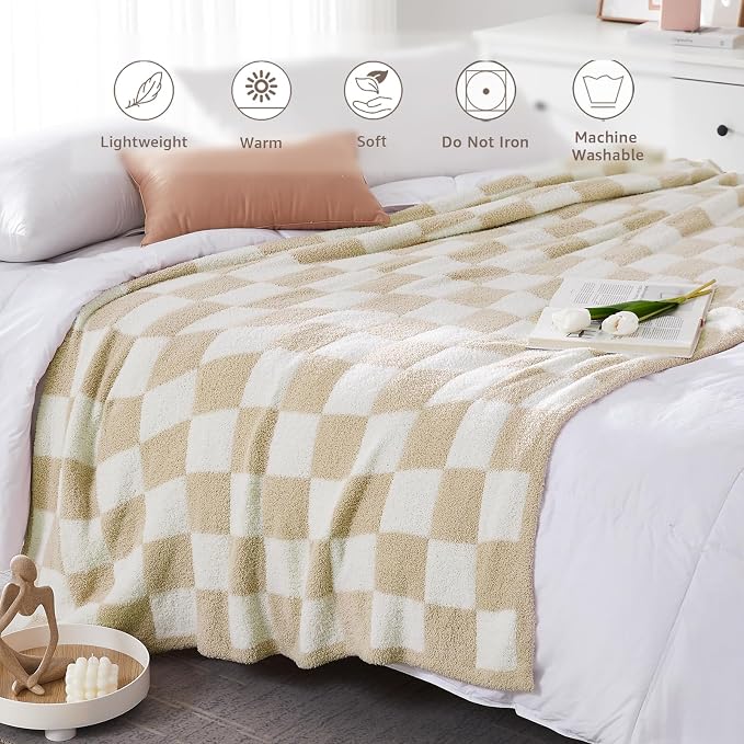 Soft Checkered Throw Blanket for Couch-Cozy Warm Knitted Blankets | Lightweight Warm Fluffy Decor for Women, Mom, Her & Girls, Sofa, Chair, Bed, 50x60in,Beige
