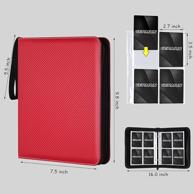 GERMUN 4 Pocket Card Binder, Premium Zip Trading Card Binder, 400 Double Sided Pocket PU Card Collection Binder, Collector Card Album, Card Folder for MTG, TCG, Sports Cards, Game Cards (Red)