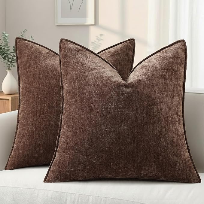 decorUhome Chenille Dark Brown Velvet Throw Pillow Covers 16x16 Set of 2 | Fall Soft Couch Decorative Modern Farmhouse Pillow Cases with Elegant Design for Sofa Bed Living Room Home Decor