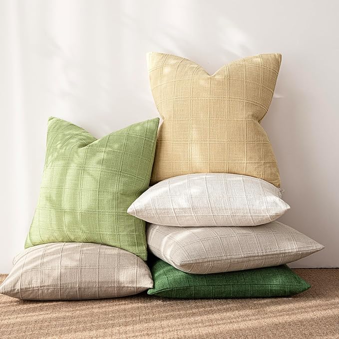 Foindtower Set of 2 Decorative Linen Check Throw Pillow Covers Neutral Farmhouse Lumbar Cushion Covers Modern Boho Accent Home Decor for Sofa Chair Couch Bedroom Living Room,12×20 Inch,Light Yellow