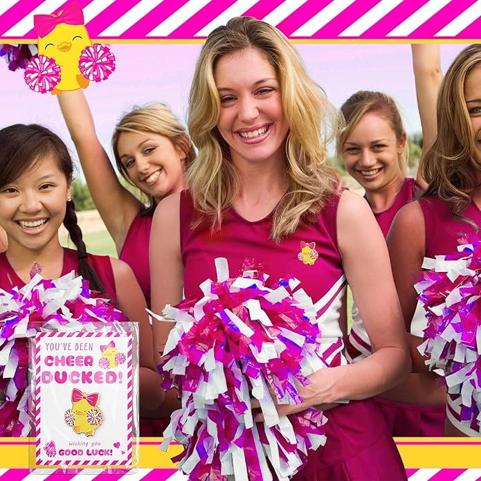 Quelay 24 Pack Cheer Team Gifts Bulk Cheerleader Duck Pins Brooches You've Been Cheer Ducked Tags Team Inspirational Gift Accessories for Teammates