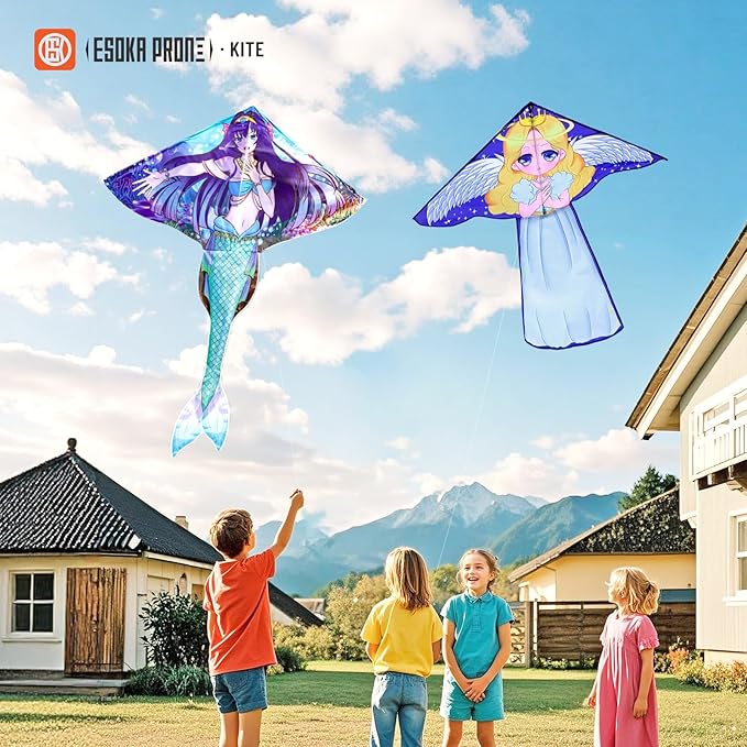 Kites for Adults & Kids Ages 4-8,Beach Kites Easy to Fly for Beginner, with Handle and 328ft Kite String，Best Toy and Gift for Boys & Girls. (Blue Haired Mermaid+Angel, 2)