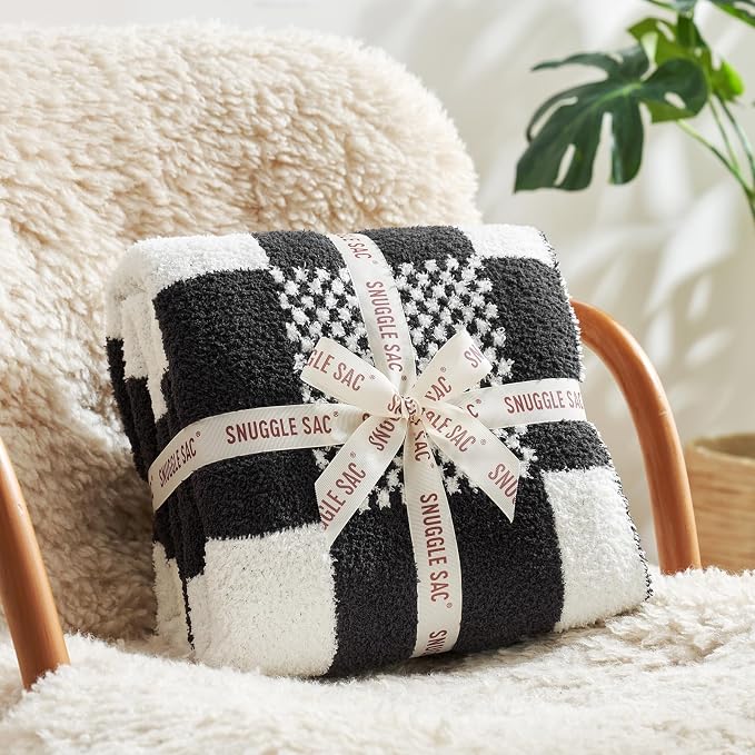 Snuggle Sac Checkered Blanket, Black White Throw Blanket for Couch Plaid Microfiber Fluffy Warm Fuzzy Cozy Soft Throw Blanket Reversible Checkered Blankets for Sofa, Chair, Bed, Twin(60"x80")