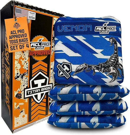 Titan Bags Venom Cornhole Bags - 6" x 6" ACL PRO Approved Cornhole Bean Bags for Tournaments - Versatile & Durable Regulation Cornhole Bags Ideal for Indoor/Outdoor Toss Sports & Games (4 Pack)