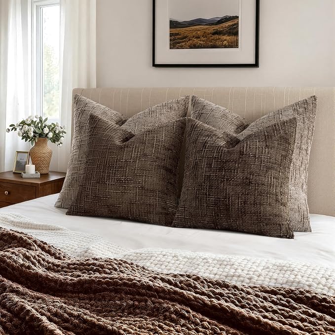 MIULEE Chenille Textured Throw Pillow Covers Reddish Brown 18x18 Set of 2 | Slubby Decorative Pillows, Boho Farmhouse Fall Home Decor, Modern Neutral Cushion Covers for Couch Sofa Bed Living Room