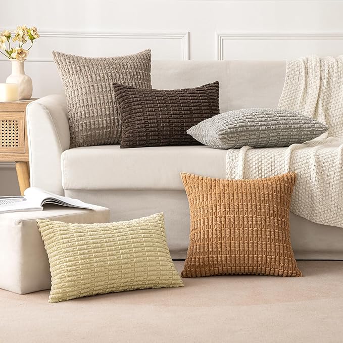MIULEE Corduroy Decorative Throw Pillow Covers 18x18 Brown Pack of 2 | Soft Boho Striped Pillow Covers Modern Farmhouse Fall Home Decor For Sofa Living Room Couch Bed