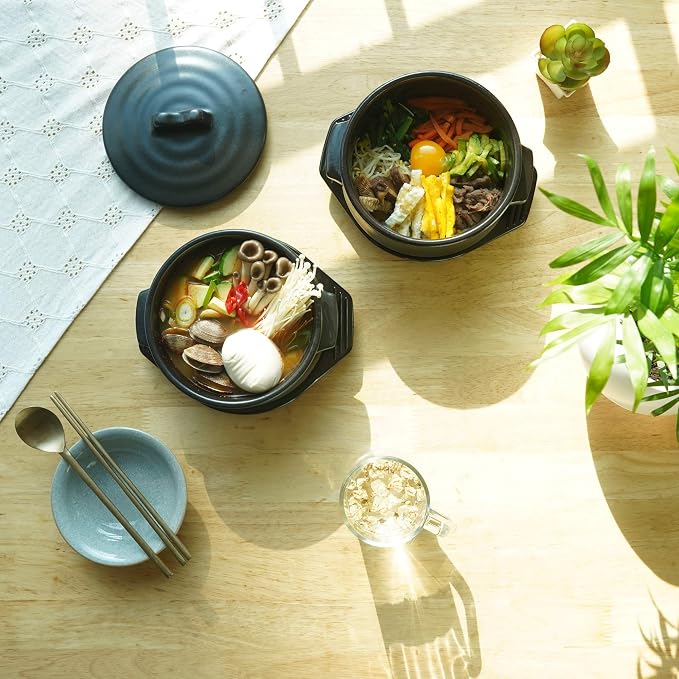 Premium Korean Stone Bowl with Lid and Tray Set, 37 oz Dolsot Hot Pot for Bibimbap and Soup, Sizzling Ceramic Cookware