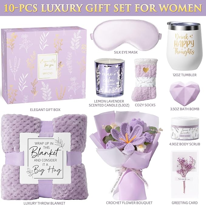 Birthday Gifts for Women, Spa Self Care Package Get Well Soon Gift Baskets | Sympathy Gift Set w/ Crochet Flower Bouquet, Christmas Thinking of You Gifts Basket for Women Mom Her Best Friend Sister Wife
