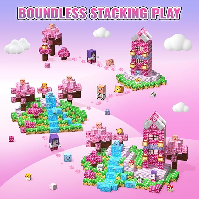 Magnetic Building Blocks Cubes: SETM Educational Toys for Girls Aged 3-12 - Pink 100 PCS, Birthday Gift, Pixel Blossom World