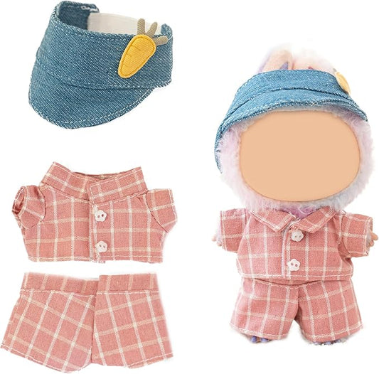 Clothes for Labubu Doll,6.7 Inch Doll Clothing Set - 3 Pieces of Handmade Clothes and Accessories for 17cm Plush Toys - Pink Plaid Shirt + Shorts + Carrot Baseball Cap