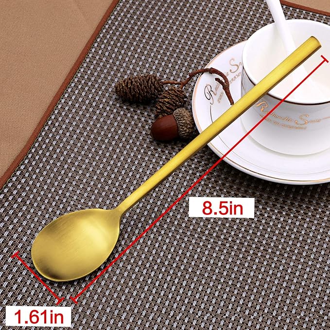 IQCWOOD Korean Spoons, 8 Pieces Stainless Steel Gold Soup Spoons, 8.5 Inch | Tablespoon with Long Handle, Asian Dinner Spoon Set, Round Spoon for Home, Kitchen or Restaurant Dishwasher Safe