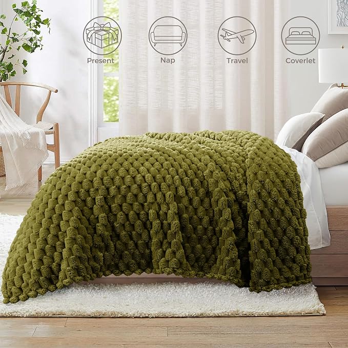Whale Flotilla Soft Fleece Queen Size Bed Blanket 3D Jacquard, Olive Green | Lightweight Breathable Coverlet Bedspread for All Seasons, Super Cozy Plush Fluffy Fuzzy Decorative Blanket for Bed, 90"x90"