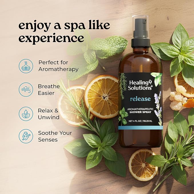Healing Solutions Aromatherapy Shower Spray, Release Blend, 4oz, Therapeutic Grade Essential Oils, Made in the USA, At Home Spa Experience. Promotes Head Relief (4oz, Release)