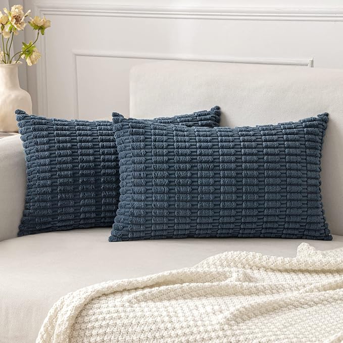 MIULEE Lumbar Corduroy Decorative Throw Pillow Covers 12x20 Blue Pack of 2 | Soft Boho Striped Pillow Covers Modern Farmhouse Coastal Home Decor For Sofa Living Room Couch Bed