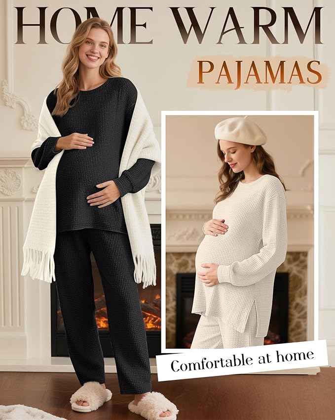 3 Pack Women's Maternity Shirts Long Sleeve Waffle Knit Side Split Oversized Tops Pregnancy Clothes Fall Tees