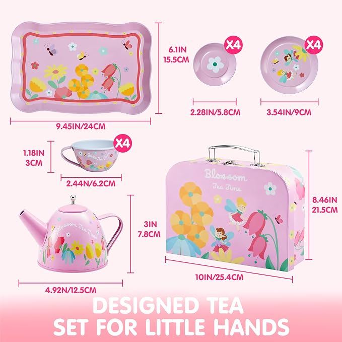 JOYIN Fairy Blossom Tea Party Set for Little Girls, Pretend Pink Tin Teapot Set, Princess Tea Time Play Kitchen Toy with Teapot, Cup, Plate, Carrying Case for Kids Toddlers Age 3 4 5 6
