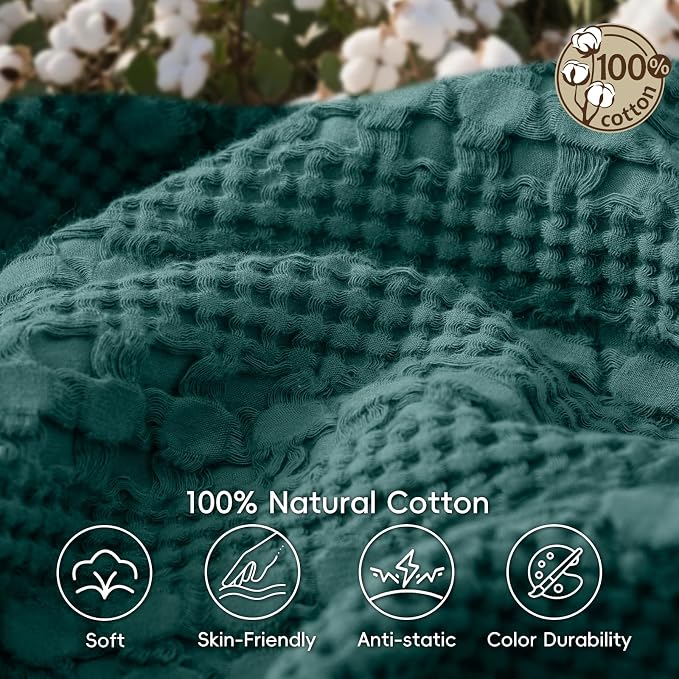 PHF 100% Cotton Waffle Weave Blanket Queen Size, Lightweight Breathable Summer Blanket for Hot Sleepers, Pre-Washed Soft Layer for Bed, Couch, Aesthetic Home Decor & Gift, 90"x90", Teal