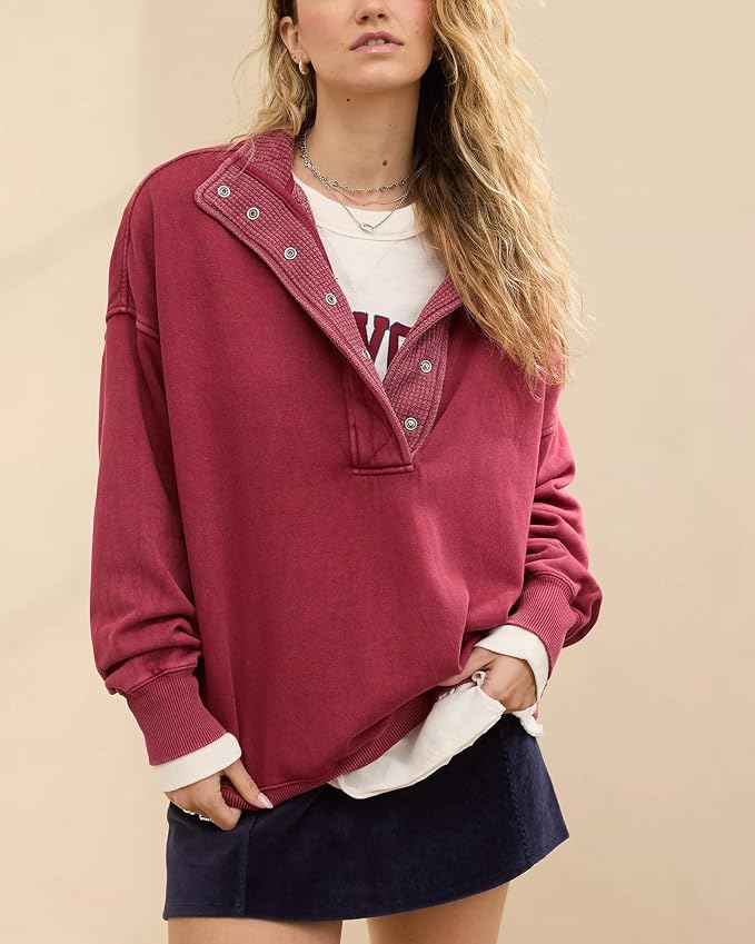 Gacaky Sweatshirt for Women Oversized Casual Long Sleeve Button Henley Neck Pullover Tops Fashion Outfits Clothes