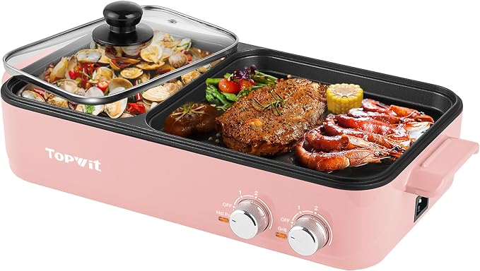 Topwit Hot Pot with Grill, Korean BBQ Grill, 2-in-1 Electric Pot | Nonstick Coating, Dual Temperature Control, Fast Heating, Ideal for Korean BBQ, Shabu Shabu, Noodles, Steaks and Family Meals