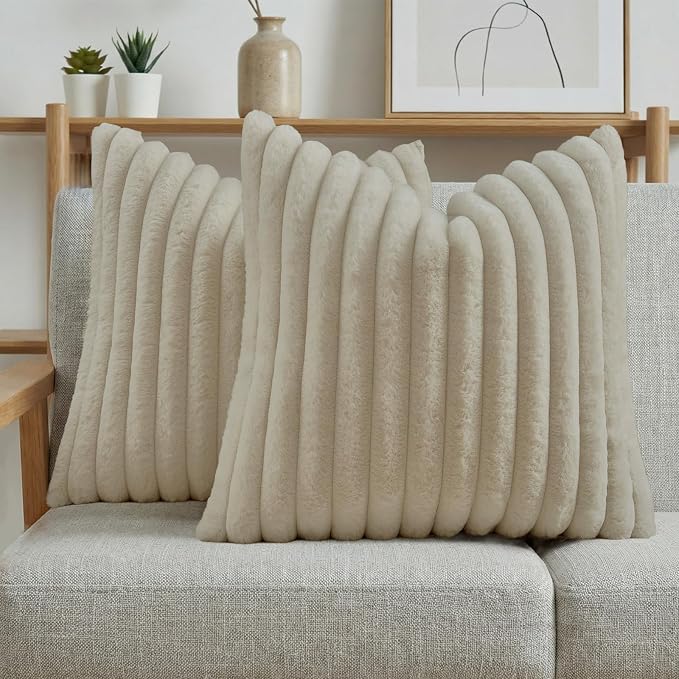 FUTEI Pack of 2 Faux Fur Throw Pillow Covers 24x24 Inch, Beige | Fluffy Faux Rabbit Fur Front/Premium Velvet Back,Hidden Zipper,Machine Washable,Non-Shedding,Colorfast,Insert Not Included.