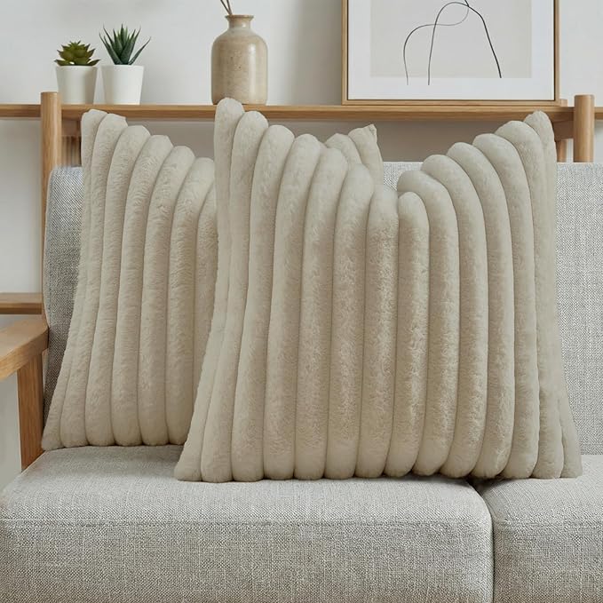 FUTEI Pack of 2 Faux Fur Throw Pillow Covers 20x20 Inch, Beige | Fluffy Faux Rabbit Fur Front/Premium Velvet Back,Hidden Zipper,Machine Washable,Non-Shedding,Colorfast,Insert Not Included.
