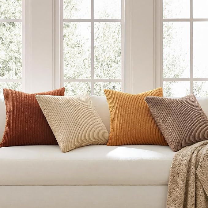 Topfinel Fall Soft Corduroy Throw Pillow Covers 18x18 Inch Yellow Brown | Set of 4 Farmhouse Striped Gradient Rustic Pillow Covers for Sofa Couch Living Room Bedroom